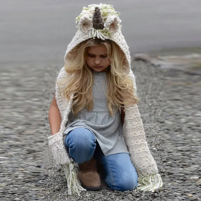 Cute Girls Crochet Cartoon Unicorn Tassel Winter Hat with Scarf Hooded Knitting