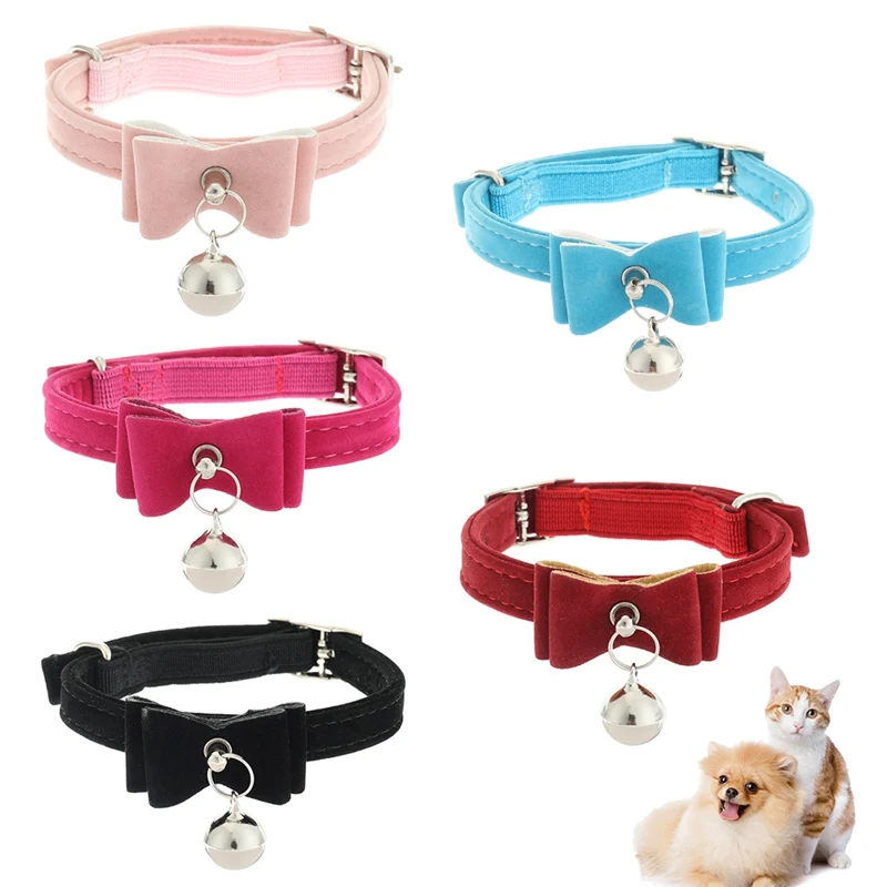 

Safety Elastic Bowtie With Bell Small Dog Cat Collar Safe Soft Velvet 5 Colors Pet Products Dog Collar Pet Supplier