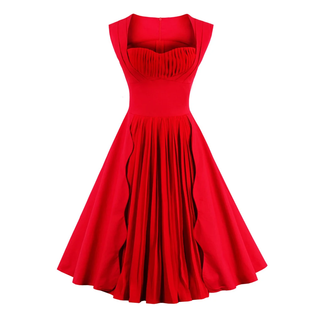 Summer Dress 2017 Women Red Solid Color Sleeveless  Plus Size 60s Vintage Dress Party Rockabilly Dress Feminino Swing Vestidos