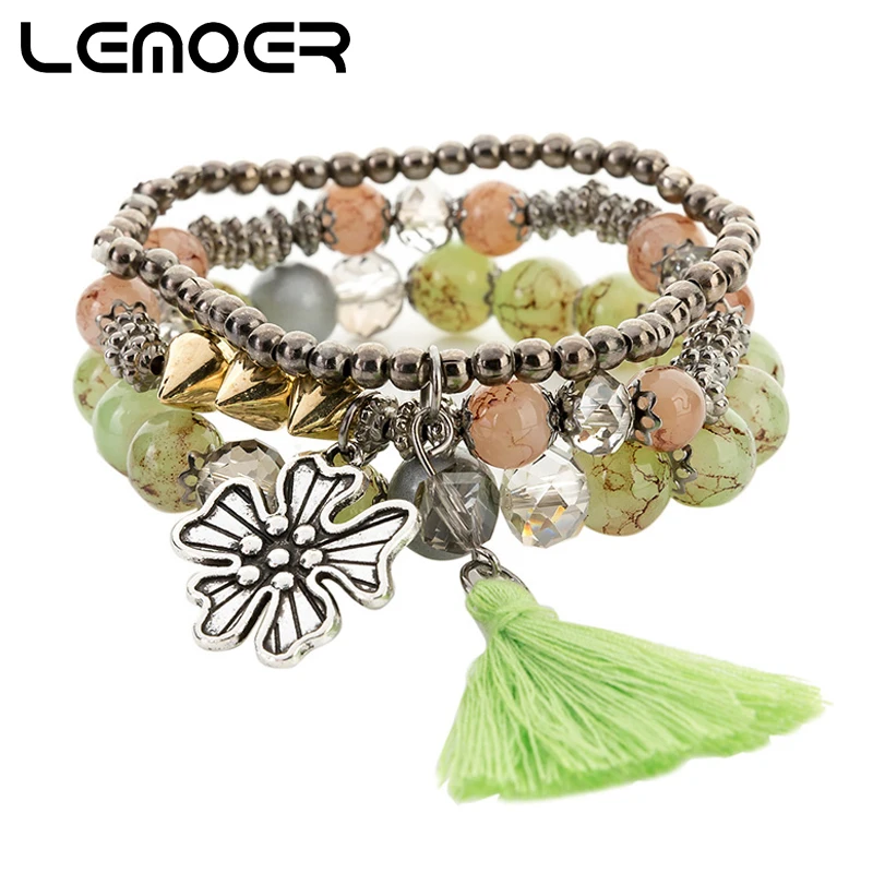 LEMOER, ручной работы, браслеты с кисточкой для женщин, в стиле панк, золотые заклепки, Кристальные бусины, клевер, очаровательный браслет, набор, pulseira, женская бижутерия - Окраска металла: green