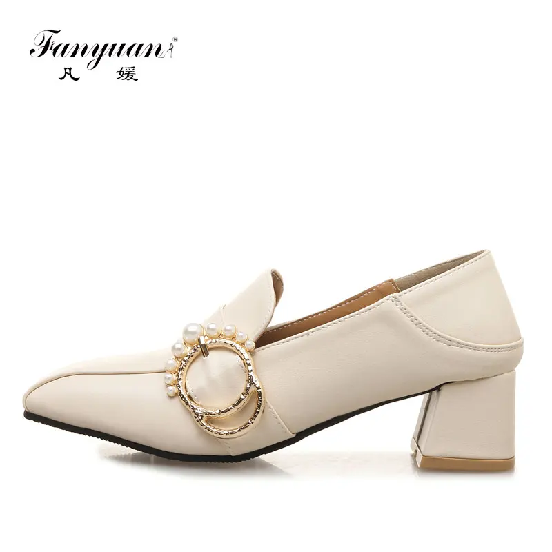 

Fanyuan Fashion Square Toe high heels Casual Shallow Slip-On pumps pearl Metal decoration women shoes chaussures femme