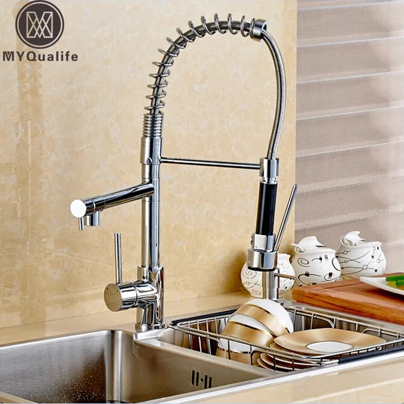 Classic Double Swivel Spout Spring Kitchen Sink Faucet Single Handle Hot and Cold Pull Down Spring