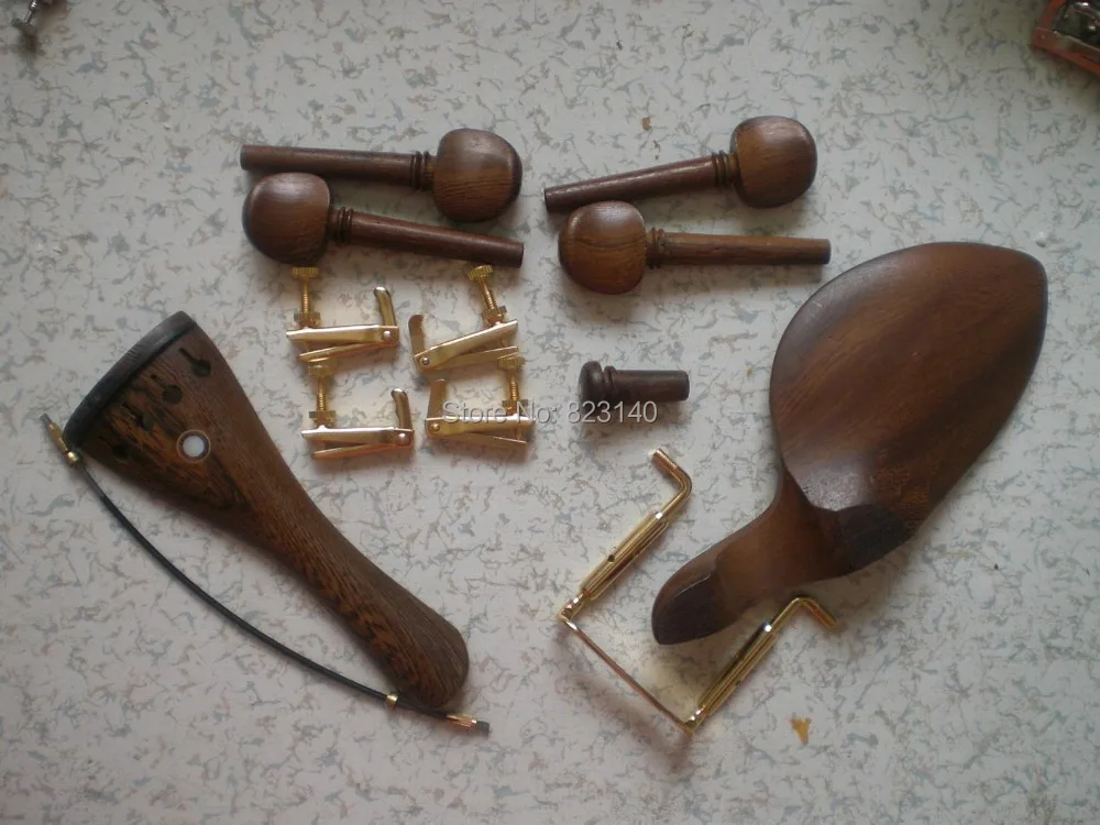 

4 Sets WENGE WOOD Violin Parts 4/4 with Gold color fine tuner & Chin rest clamp & Tail gut