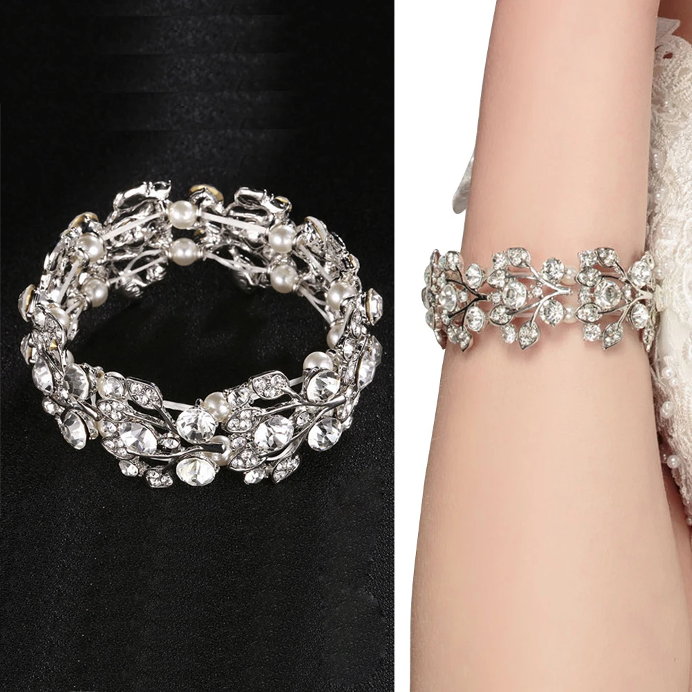 

1Pcs Bridal Wedding Jewelry Crystal Rhinestone Pearl Leaves Stretch Bracelet Silver for women gifts