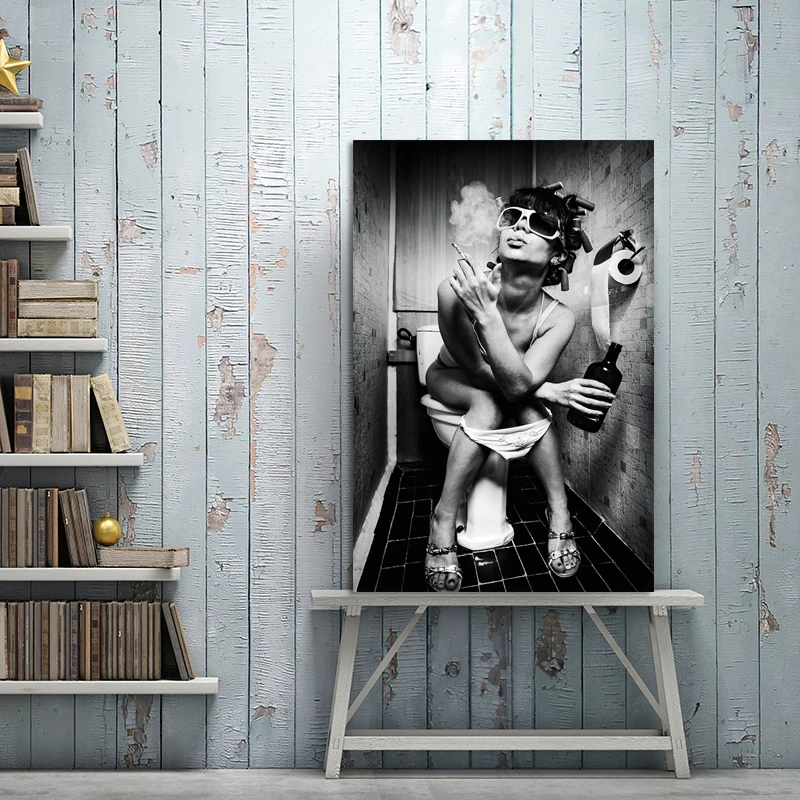 

Modern Black White Portrait Posters and Prints Wall Art Canvas Painting Sexy Women Smoke and Drink Picture for Living Room Decor