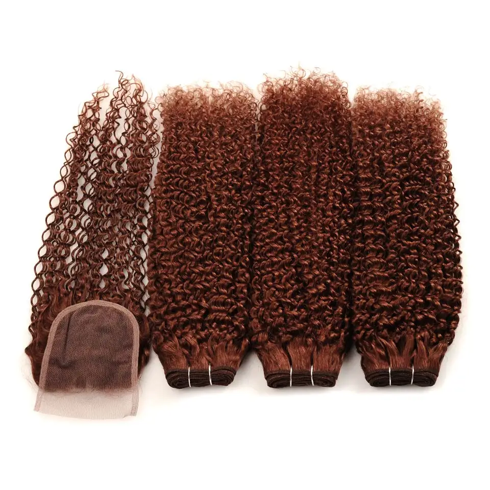 PINSHAIR Pre-Colored Brazilian Human Hair 3 Bundles With lace closure 4x4 Inch Color 33 Jerry Curly Non-Remy Hair Weave Extension (17)