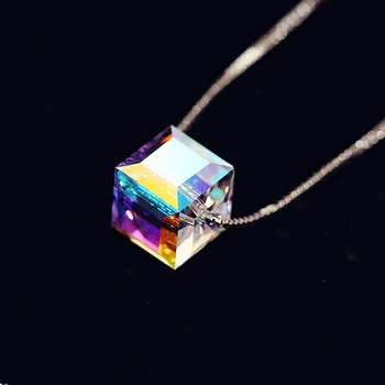 

Flyleaf 925 Sterling Silver Crystal Cube Necklace Four Leaf Clover flower Necklaces & Pendants for women collares colar Jewelry