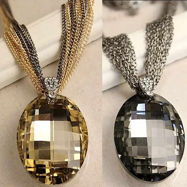 Whosale New Vintage Oro/Nero Ovale di Cristallo di Vetro Del Pendente Della Collana, di fascino Multi-Catena Lunga Collane A Catena per Le Donne XHP076
