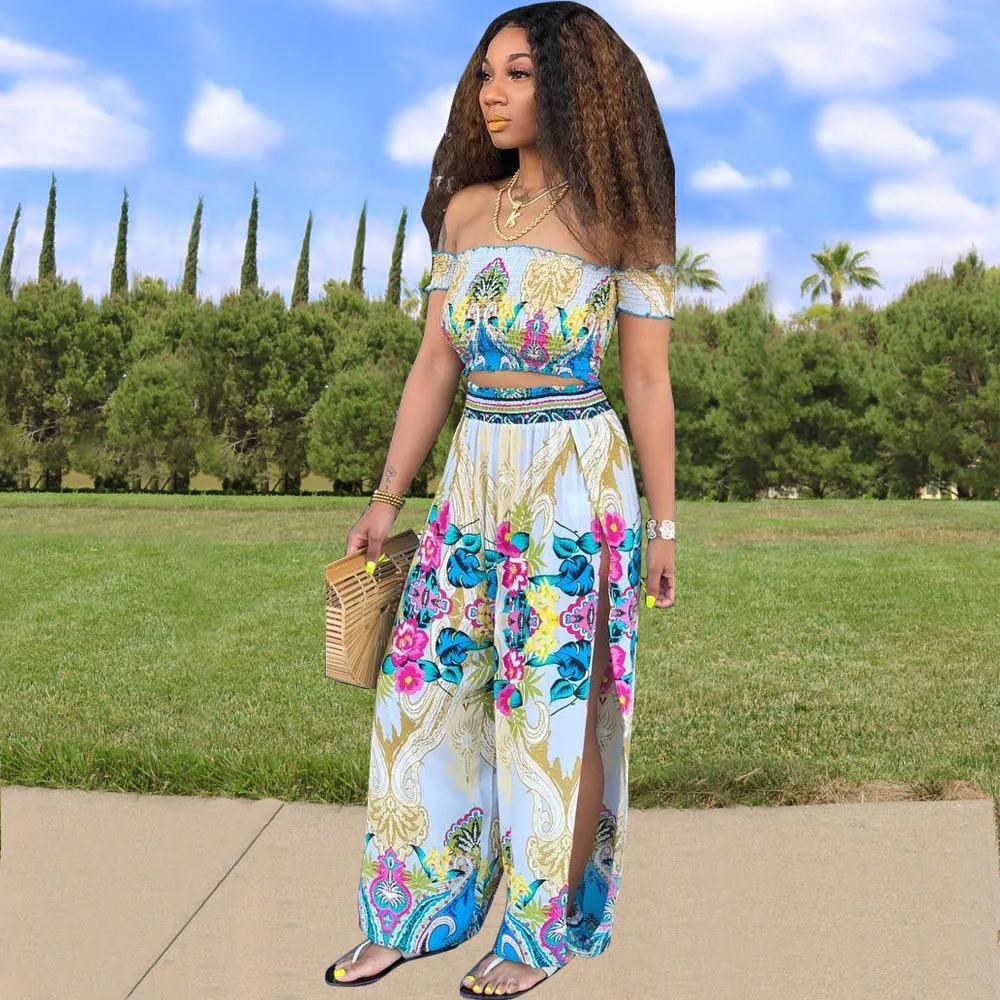 

2019 Print Sexy Two Piece Set Women Slash Neck Off Shoulder Crop Top and Summer Wide Leg Long Pants Women 2 Pieces Suits Sets