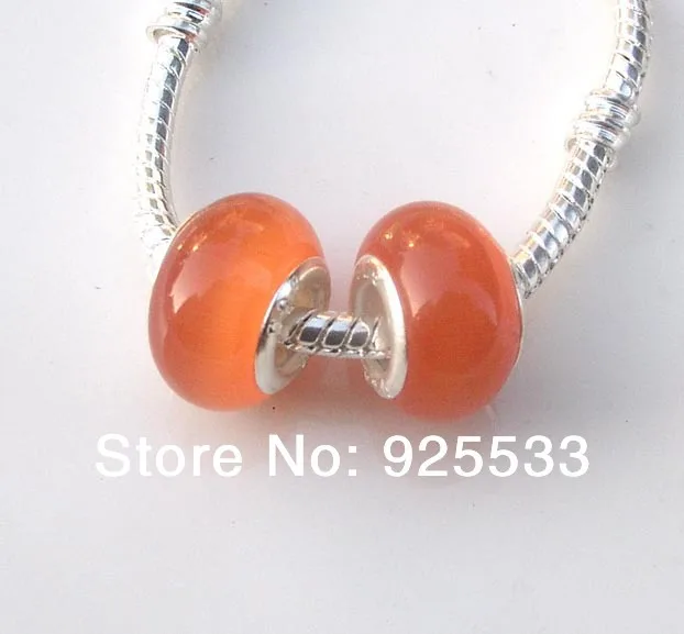 

Free Shipping 50pcs 8x14mm silver plated core Big Hole cat eye orange Glass Beads fit European Jewelry Bracelet Charms DIY