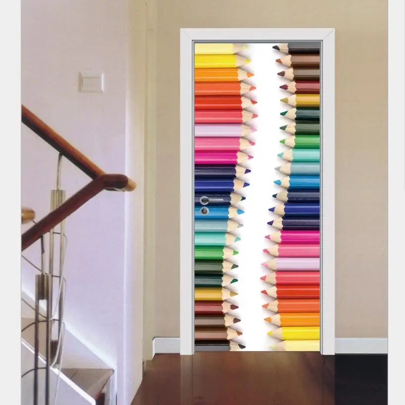 

Colorful Cartoon Pencil Pattern Door Sticker Kids Room Deursticker diy Mural 3d Children Bedroom Door Stickers 77x200cm W090