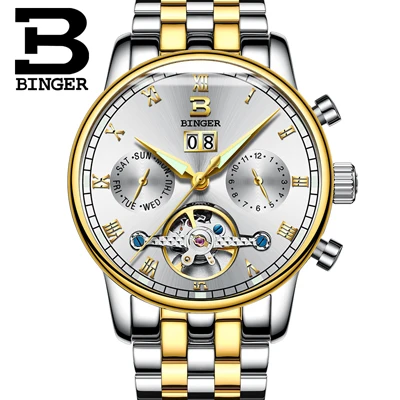 Швейцарские Бингер мужские часы люксовый бренд Tourbillon fulll из нержавеющей стали водонепроницаемые механические наручные часы B-8604-6 - Цвет: Item 4