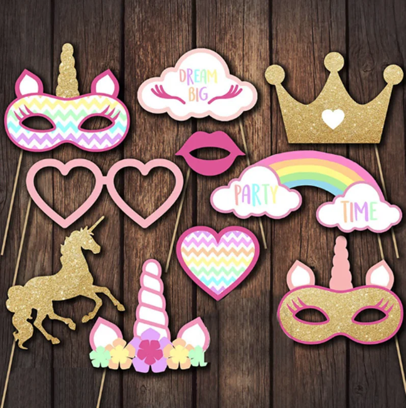 

10PCS/ Set Unicorn Party Photo Booth Props Rainbow Unicorn First Baby Kids Birthday Props Party Decoration