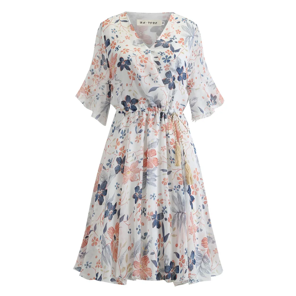 

2019 Summer Chiffon High Waist Party Dress V Neck Women Batwing Sleeve Flower Print Floral Bohemian Dresses Tunic Female Vestido