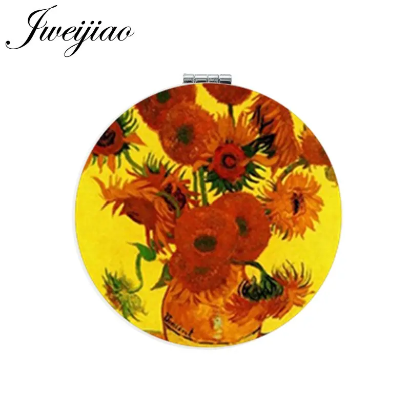 

JWEIJIAO Painting Craft Art Picture Flower Makeup Mirror Mini Round Folding Compact PU Leather Compact Pocket Mirror Vanity