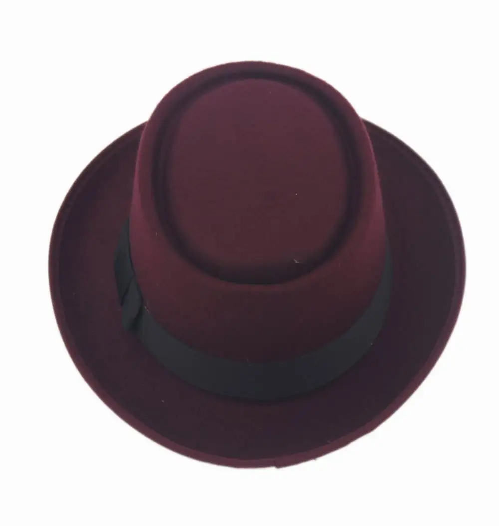LUCKYLIANJI унисекс Ретро фетровая свиная пирог поркпи шапка овальная с короткими полями черная лента группа котелок(один размер: 58 см - Цвет: Wine