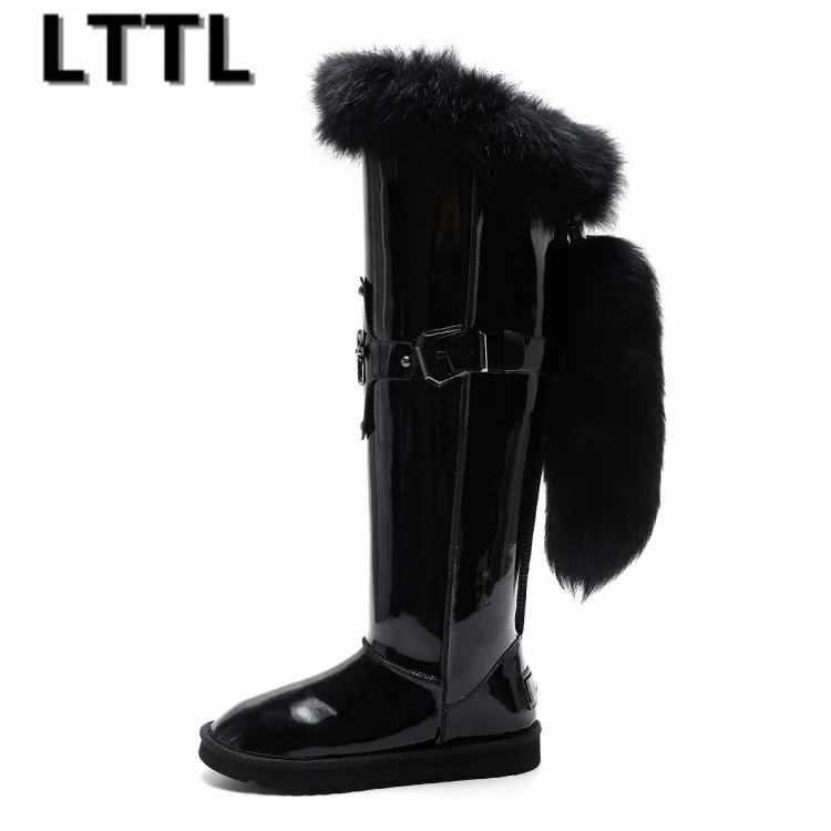 

winter snow boots women shoes knee-high faux fur mental decoration buckle black slip-on 43cm cheap price on sale round toe warm