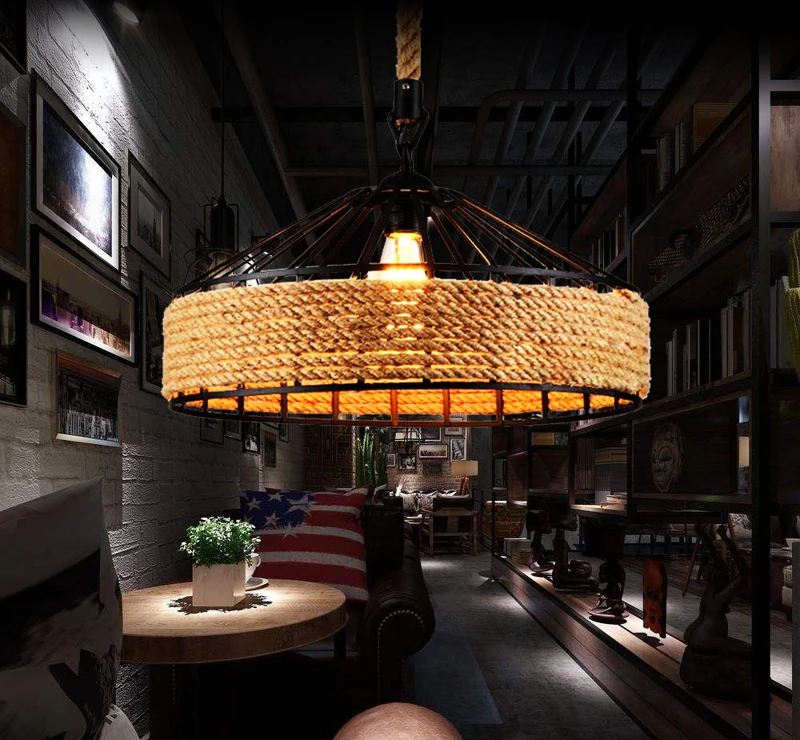 

American Industrial Retro Chandelier Creative Iron Cafe Restaurant Bar Pendant LampsPersonality hemp rope chandelier