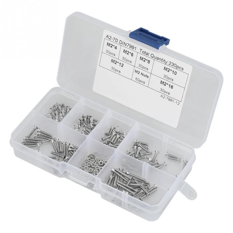 Kit de tuercas de tornillos de cabeza plana de acero inoxidable 230pcs Kit de tuercas de tornillos de cabeza plana de acero inoxidable 230pcs