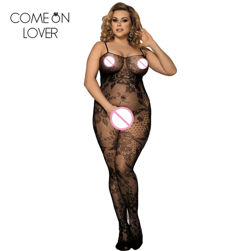 Comeonlover Plus size full body pantyhose black floral fishnet lingerie erotic open crotch bodysuit ladies bodystocking HL3138