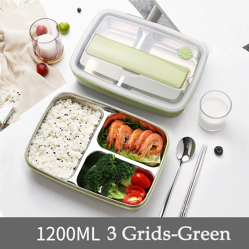 Oneisall Bento Ланч-бокс кухонный пищевой контейнер из нержавеющей стали Пластиковый 1200 мл ланчбокс для детей с подогревом Ланч японский стиль - Цвет: 3 Grids-Green