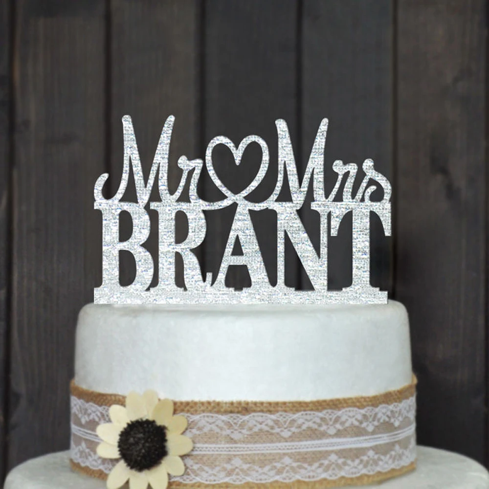 Custom name Wedding cake topper,Mr and Mrs Wedding cake topper, Personalized Acrylic silver glitter Party Decoration  Supplies