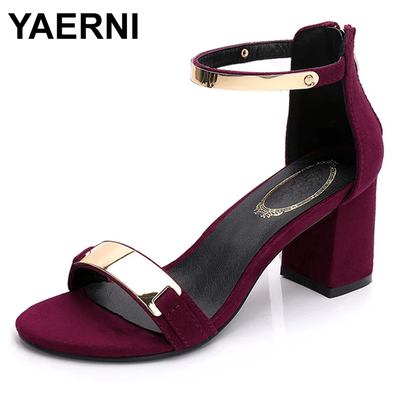 

YAERNI Sandals women summer square chunky heels red black Buckle ankle strap high Block heel open toe party sandals woman pump