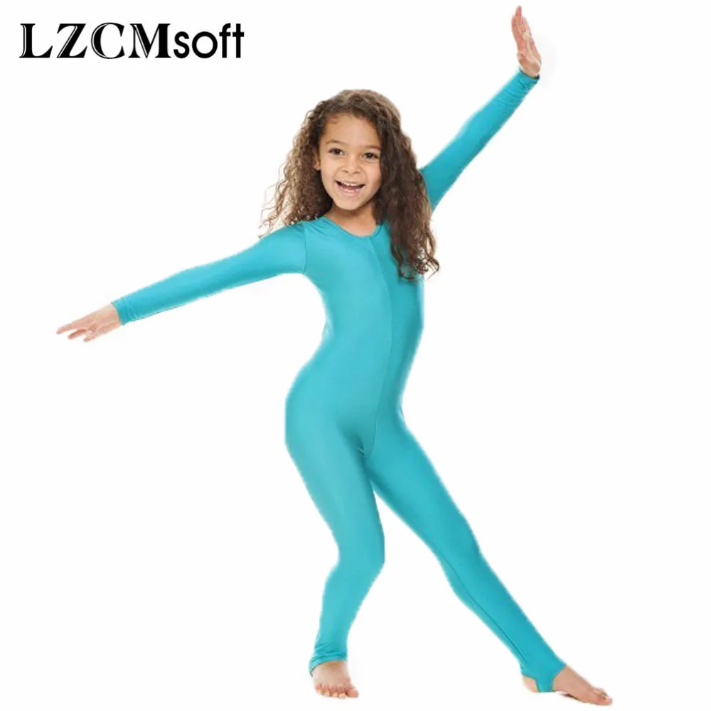 

LZCMsoft Childrens Girls Shiny Lycra Dance Gymnastics Long Sleeve Unitard Catsuit Stirrup Nylon Lycra Dance Girls Show Dress