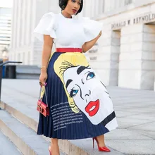 VAZN Весна Горячая Новое поступление сексуальные женские с мультяшным лицом печати Свободные юбки леди 2 цвета Империя гофрированные длинные юбки YWQS315