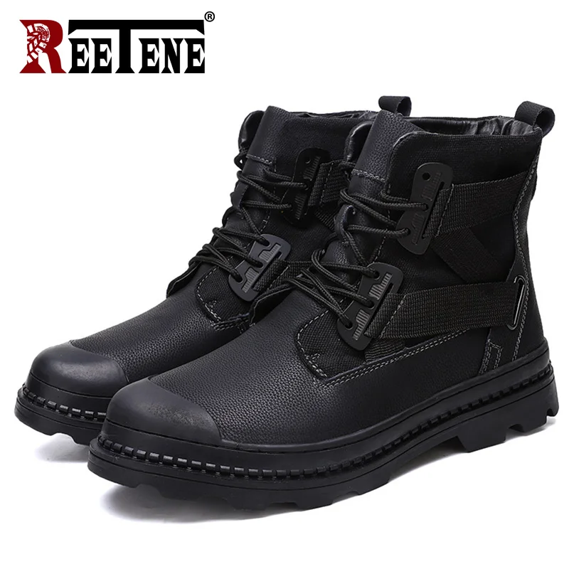 REETENE New Genuine Leather Men Boots Winter Waterproof Non-slip Ankle Bootsfashion Casual Hard-wearing Plus Size Men Boots