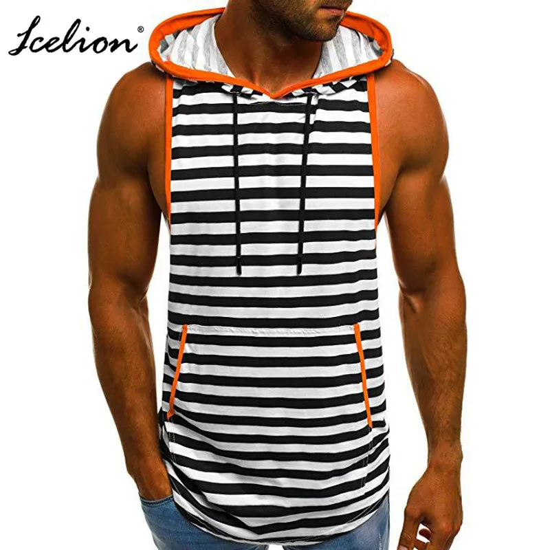 Icelion, новинка, летняя мужская майка, в полоску, облегающая, для спортзала, одежда для бодибилдинга, с капюшоном, нижняя рубашка, жилет, Ropa Hombre