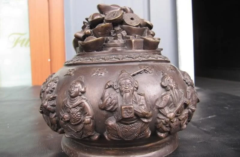 

Chinese Superb Bronze Copper Five God of Wealth With Money Pot Crock Jar Vase
