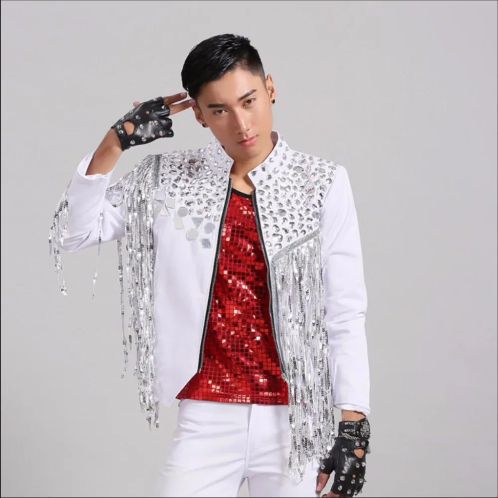 

Men Singer Fashion Tassel Jacket New Sequined Dance Stage Clothing Nightclub Dj Bar Party Wear Jacket Coat Singer Stage Costumes