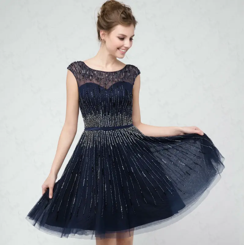 

RSE294 Boat Neckline Low Back Cap Sleeves Beaded Lines Prom Dress Short Evening Dress