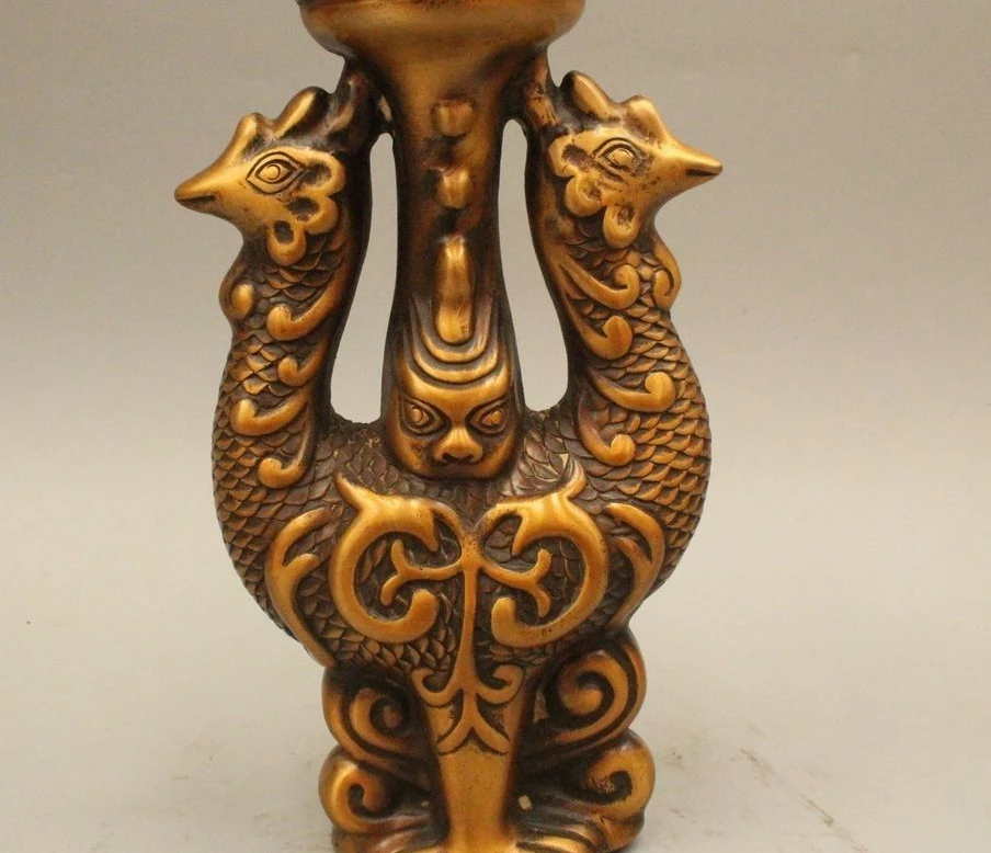 

9" China Dynasty Palace Bronze Two Phoenix Bird beast Candle Holder Candlestick
