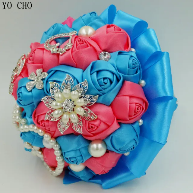 Customized Turquoise Blue C Pink Artificial Wedding Bouquets Customized Turquoise Blue C Pink Artificial Wedding Bouquets Bead Crystal Pearl Jewelry Royal Flower