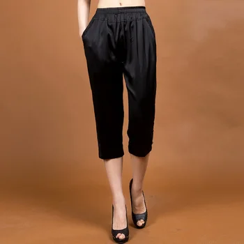 

High Quality Black Chinese Women's 100% Silk Harem Pants Calf Length Elastic Waist Trousers Plus Size M L XL XXL XXXL 4XL 1102