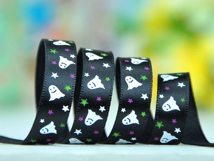 

wholesale 100yards/lot 3/8" 9-10mm Halloween black ghost printed satin Ribbon