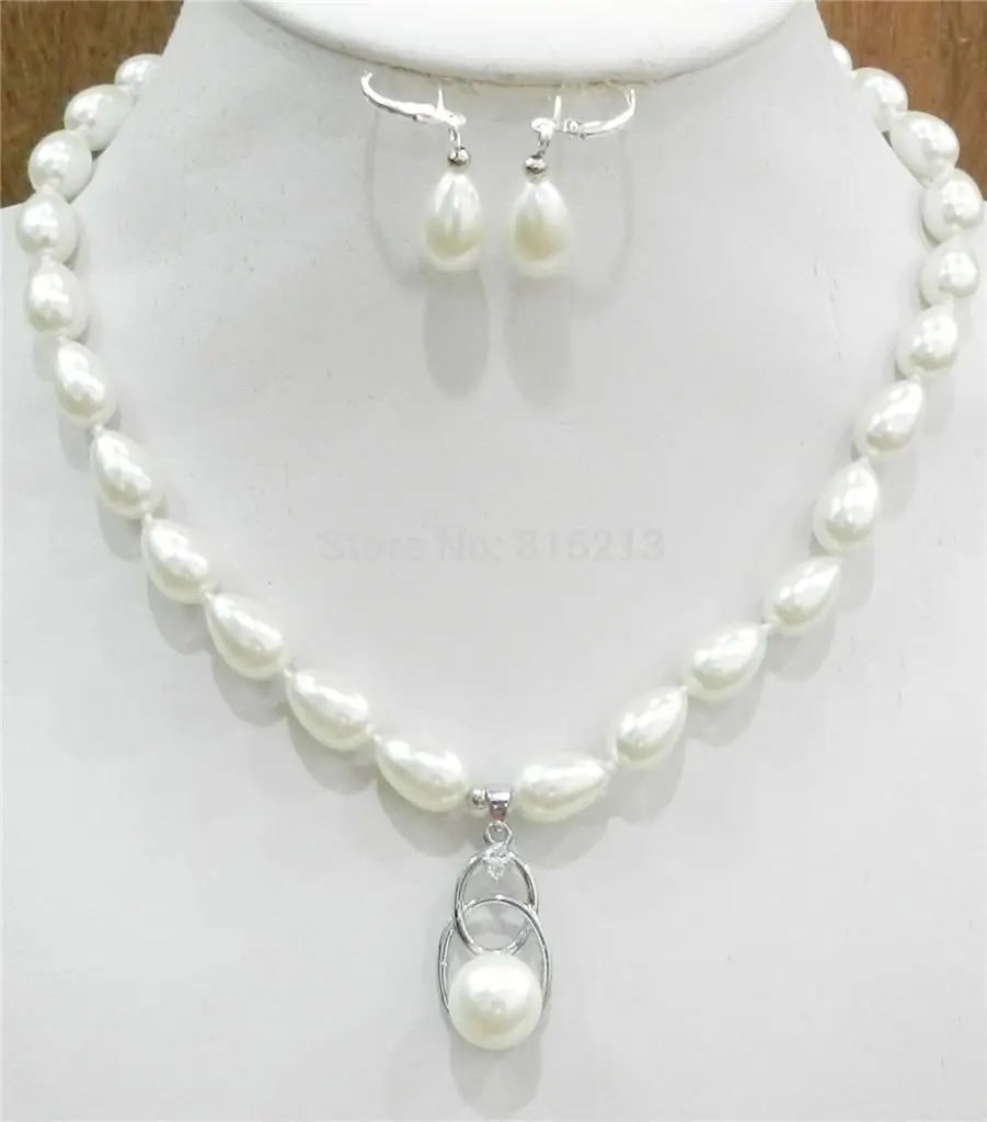 

Free shipping Teardrop White 9x13mm Akoya Cultured Shell Pearl Necklace & Pendants Earring Set