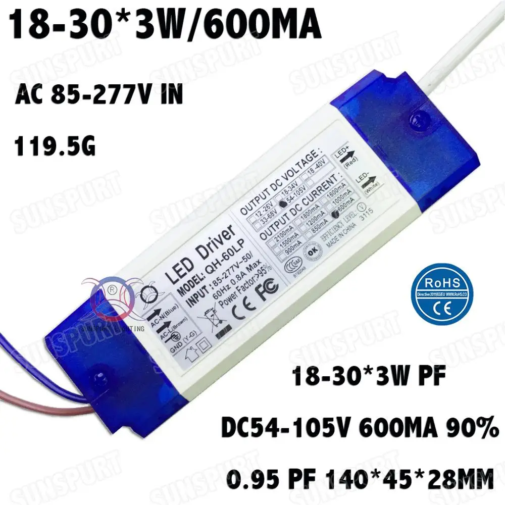 Внешнее 2-60W AC85-277V светодиодный драйвер 1-2x3W 2-4x3W 3-5x3W 6-10x3W 10-18x3W 18-30x3W 600mA DC2-105V постоянного тока с бесплатной доставкой