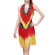 Сексуальное платье для латинских танцев с глубоким v-образным вырезом и леопардовым принтом сзади, интенсивная кисточка с градиентом, красивое мини-платье на спине