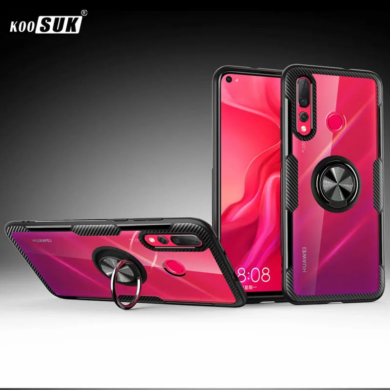 

Huawei Nova 4 Case Cover Luxury Transparent PC+Carbon Fiber Full Protection Ring Magnetism Shell For Huawei Nova4 Case Caque