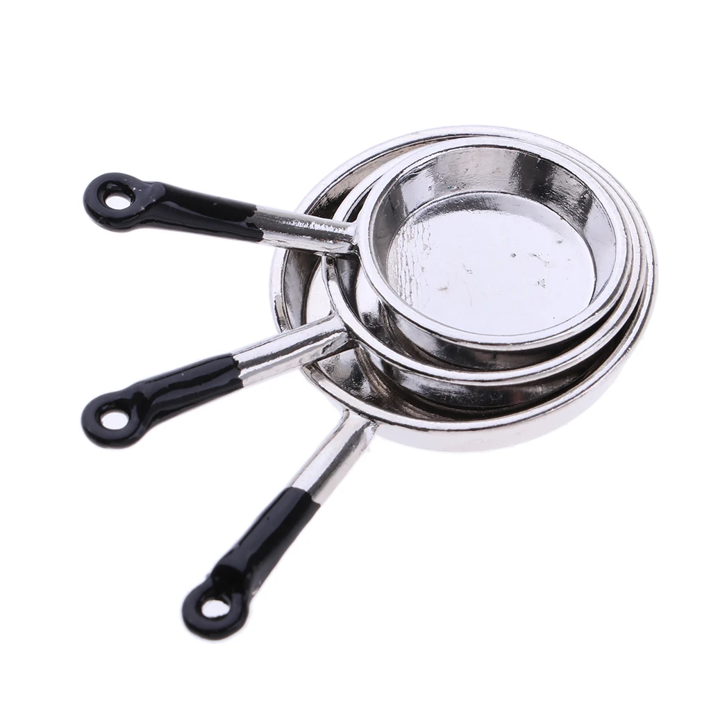 3Pcs 1/12 Dollhouse Miniature Pots and Pans Kitchen Cookware Set Toy Kitchen Cooking Accessories With Utensils Playset Silver