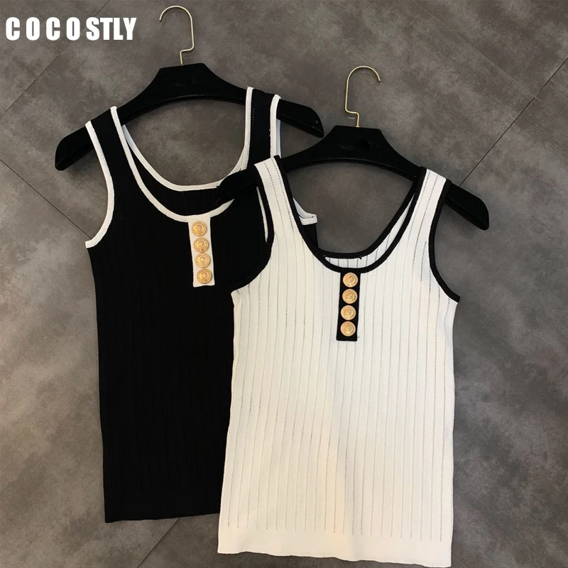 

2019 Newest Autumn SexyV-neck Sleeveless Strap High Street Designing Skinny Knitting Vest Blouse Buttons Tops