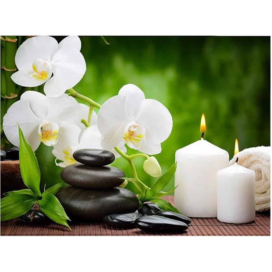 5D DIYSquare Diamond Painting &quotOrchid Candles Stones&quot Embroidery Cross Stitch Rhinestone Mosaic Gift ST385 | Дом и сад