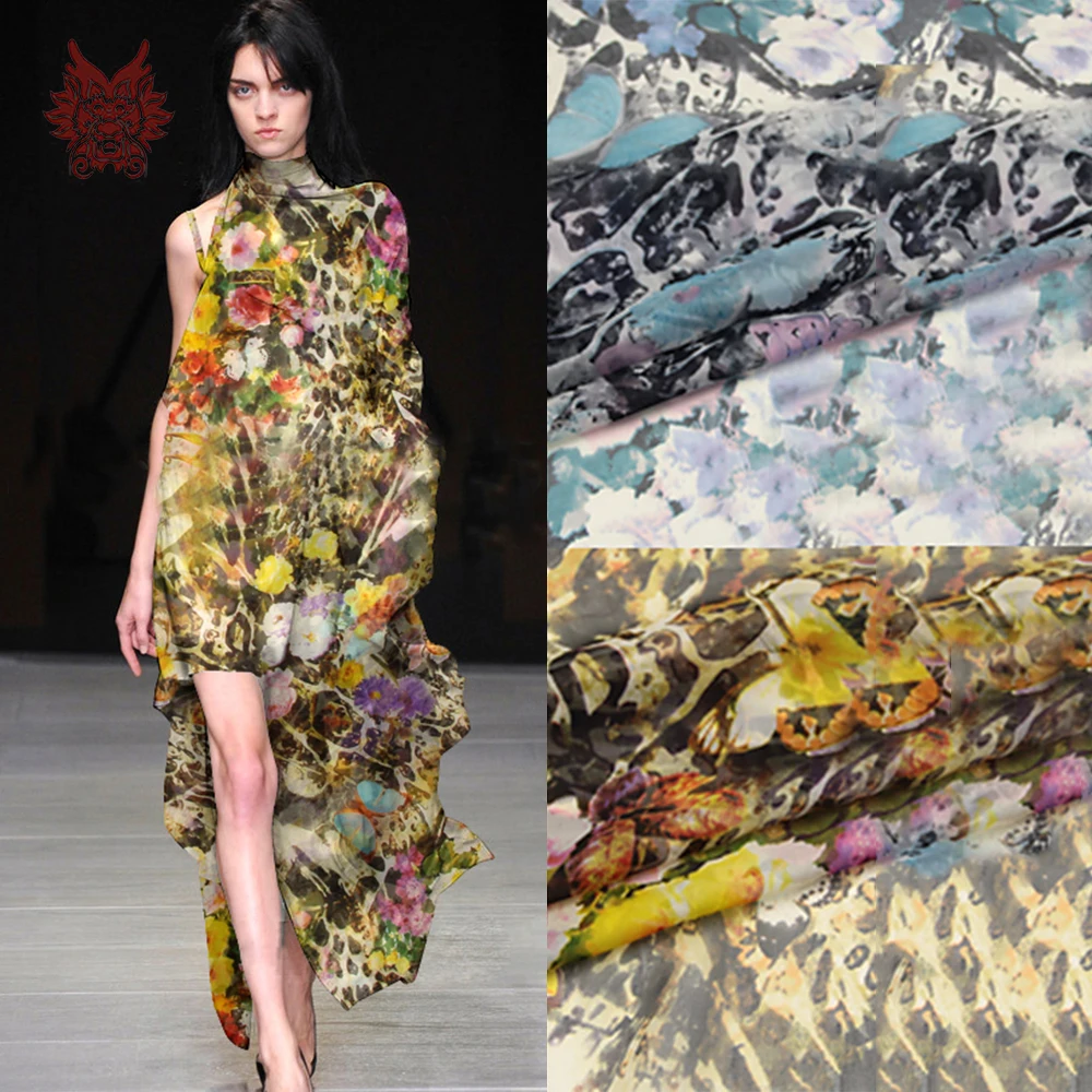 

Pastoral grey yellow floral print 100% natural silk chiffon fabric apparel for dress pure silk tissu telas fabrc 6mm SP5356
