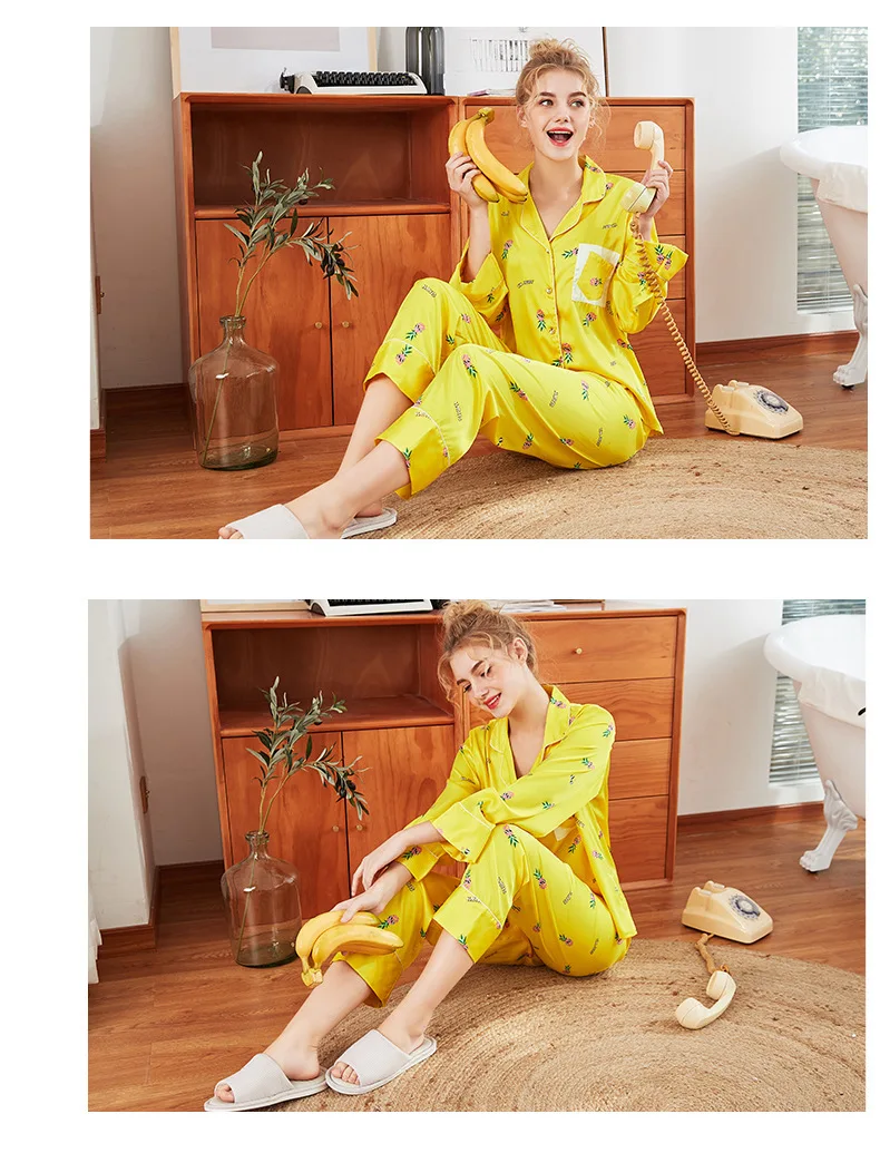 Roupas de Decoração para Casa Terno de Papel Padrão Imitar Seda Real Senhora Pijamas Novos Produtos Primavera Verão Mangas Compridas Dois Tz1059 24 Produtos Primavera Verão Mangas Compridas Roupas de