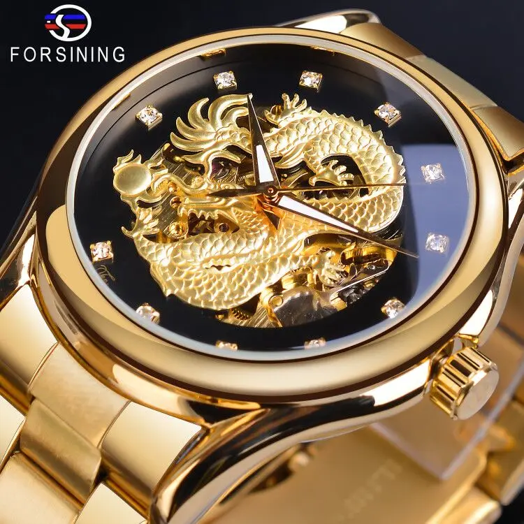 Forsining мужские часы Скелет Полые золотой дракон механические часы с автоматическим подзаводом Кристалл водонепроницаемые стальные часы Relogio Masculino
