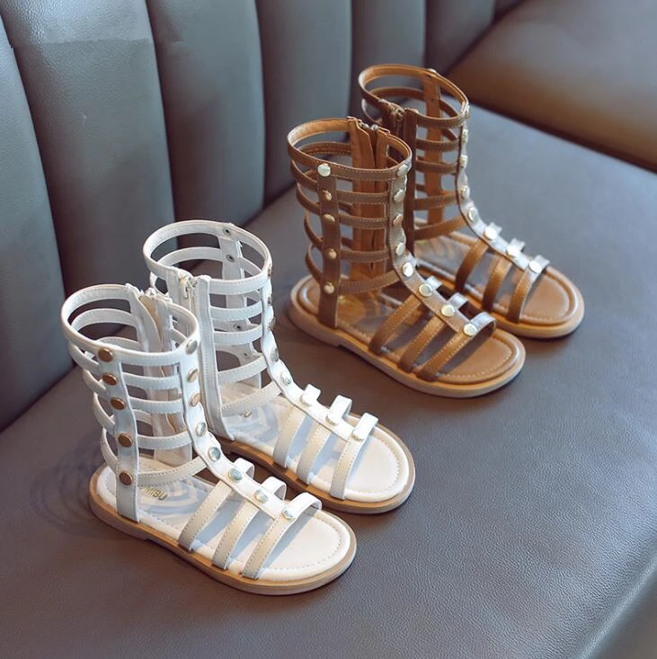 

Kids Sandals 2019 Summer Girls Knee High Gladiator Princess Sandals Children Fashion Rivets Flats Beach Shoe Toddler