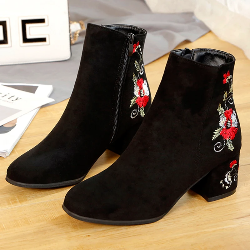 Embroider Spring Winter Ankle Boots Women Animal Magpie Suede Boots Warm Plush Zip Black High Heels Pumps Wedding Shoes Woman